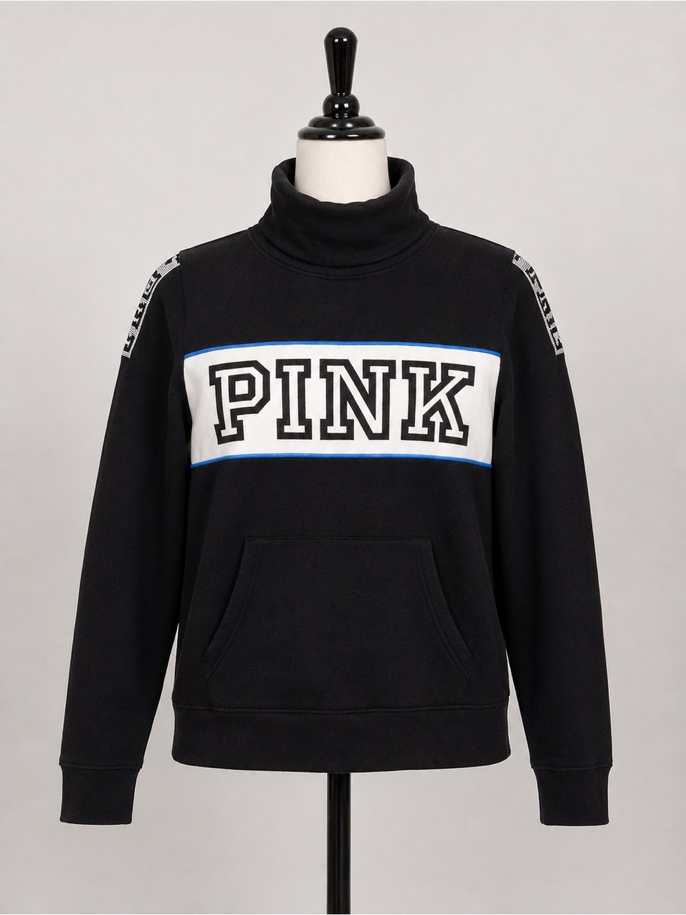 PINK Victoria’s Secret Petite Pullover Sweatshirt Black Funnel Neck Logo Pocket - Picture 1 of 6